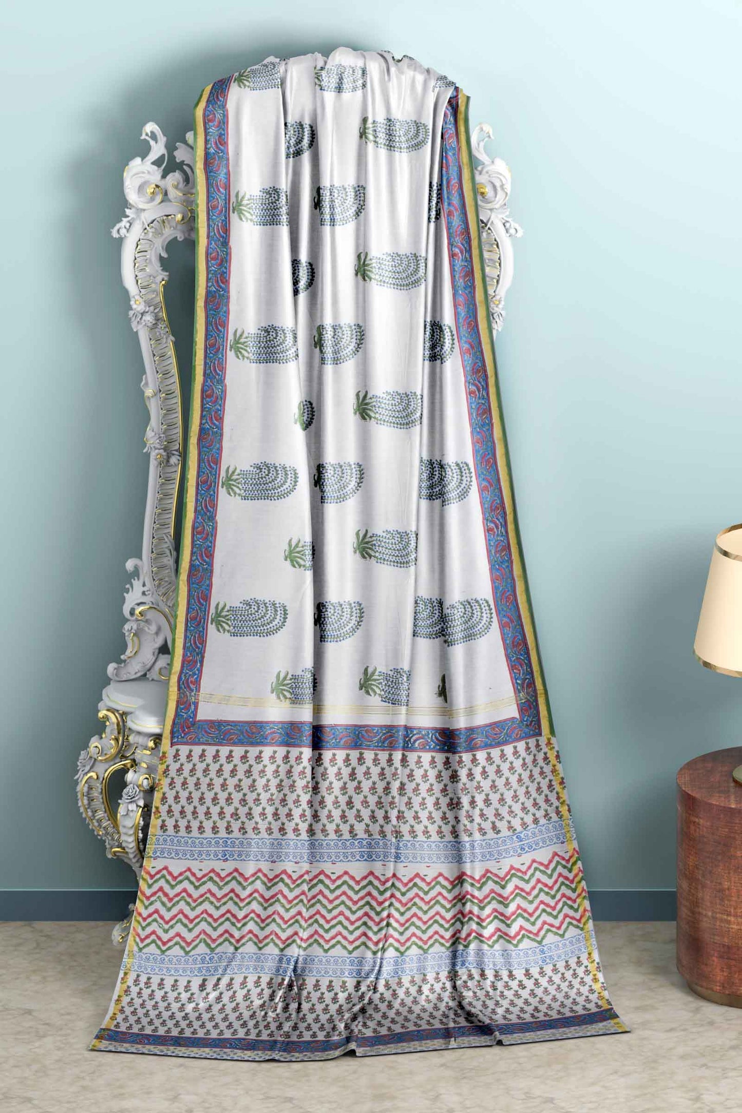 White Chanderi Hand Block Print Saree