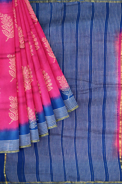 Pink Blue Chanderi Hand Block Print Saree