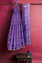 Violet Chanderi Leaf Hand Block Print Saree