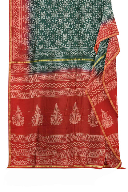 Green Chanderi Hand Block Print Saree