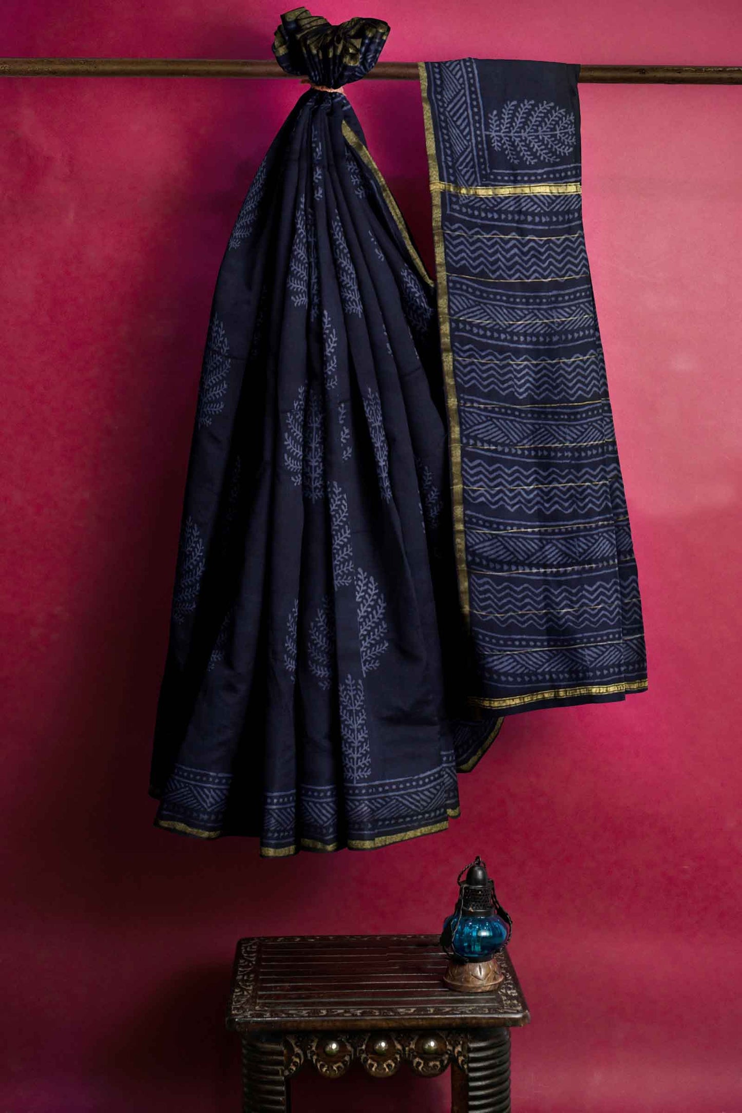 Black Chanderi Hand Block Print Saree