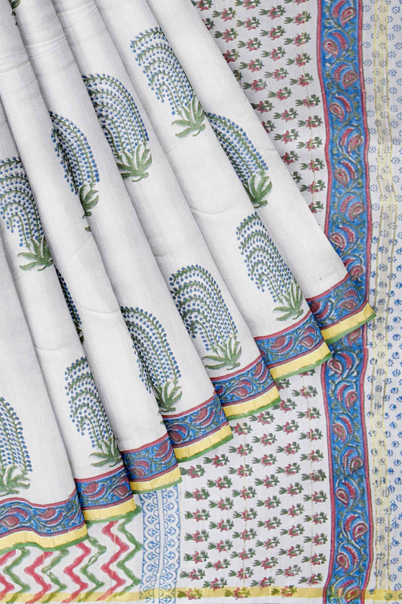 White Chanderi Hand Block Print Saree