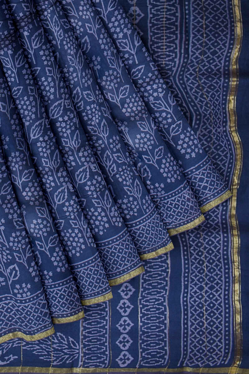Blue Leaf Chanderi Hand Block Print Saree