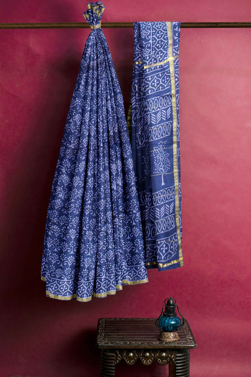 Blue Flower Chanderi Hand Block Print Saree