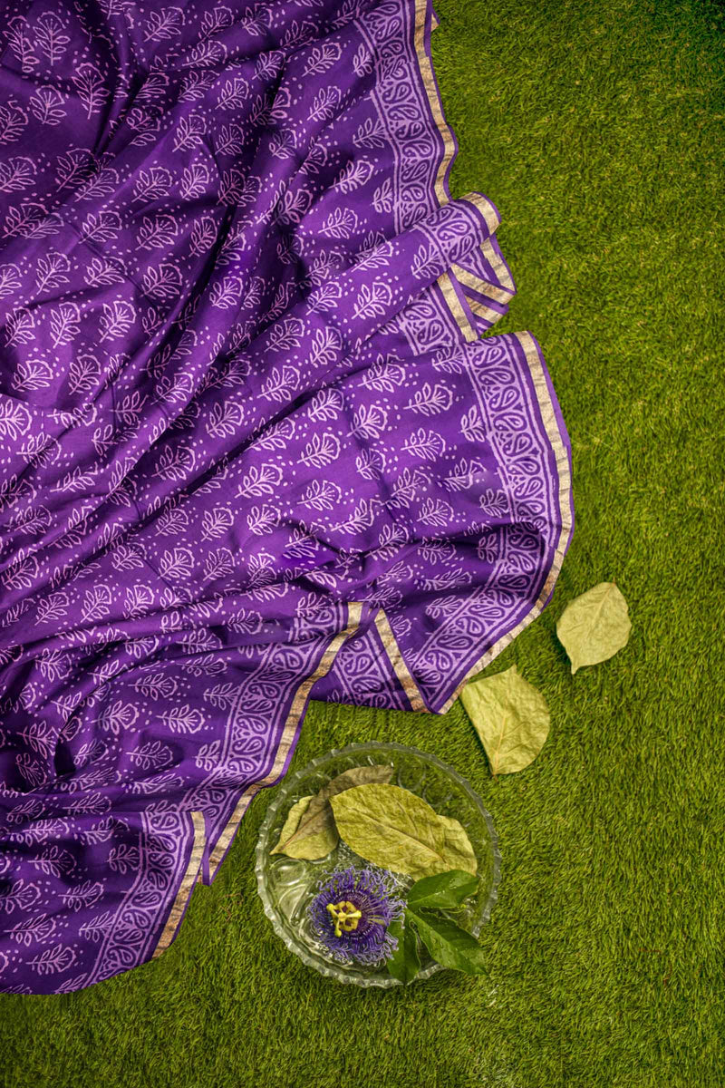 Violet Chanderi Tree Hand Block Print Saree