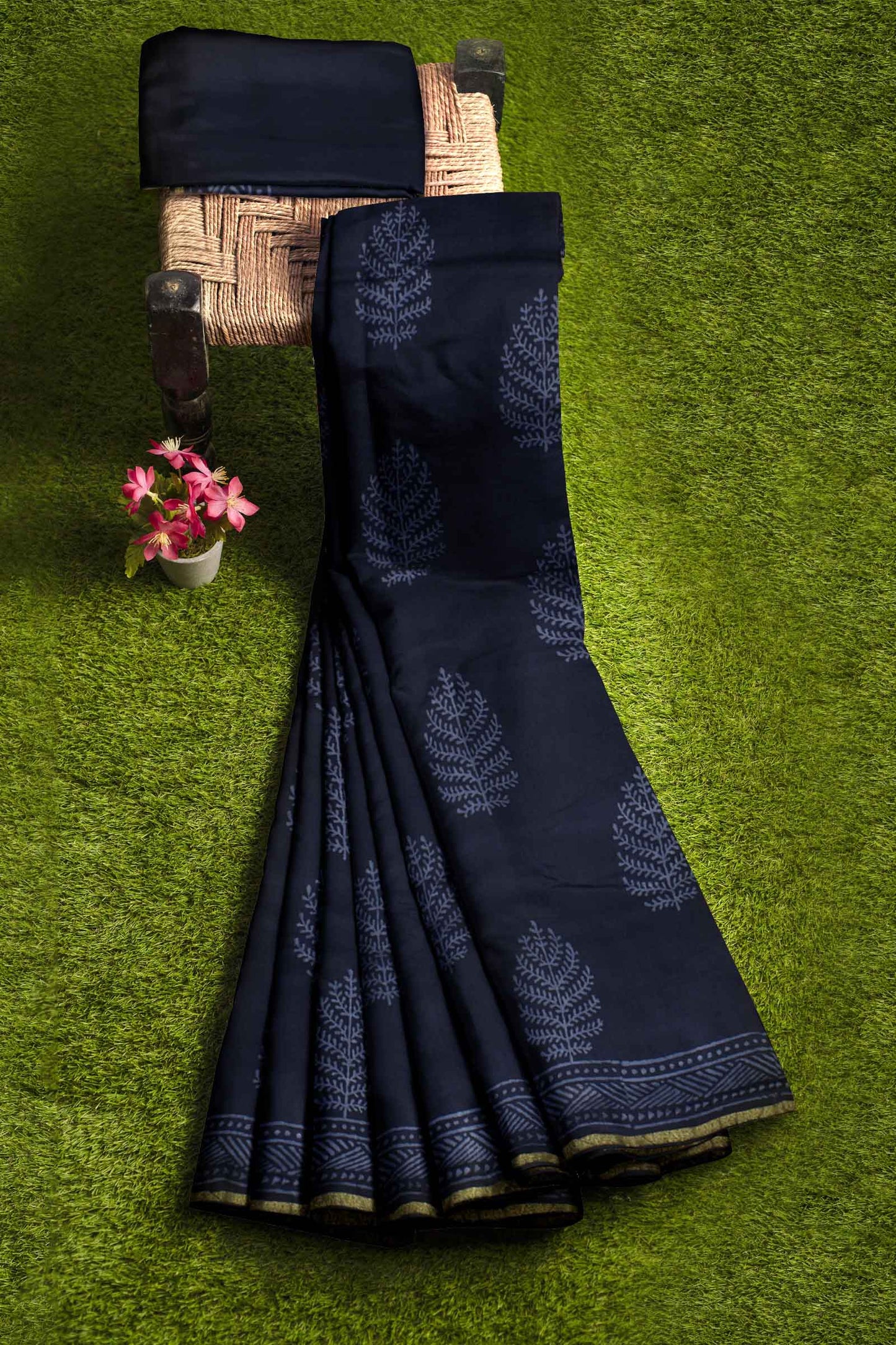 Black Chanderi Hand Block Print Saree