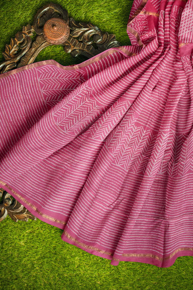 Pink Line Block Chanderi Hand Block Print Saree