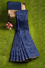 Blue Leaf Chanderi Hand Block Print Saree