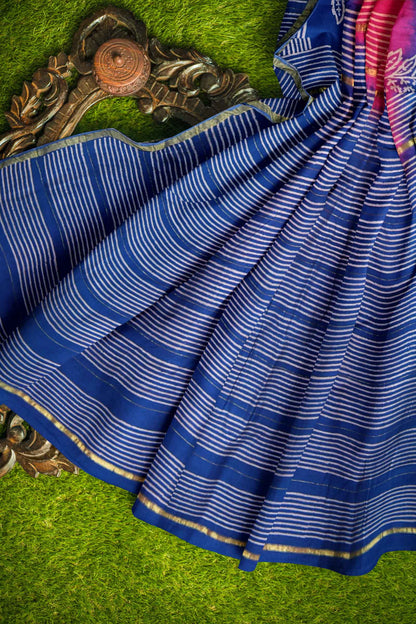 Pink Blue Chanderi Hand Block Print Saree