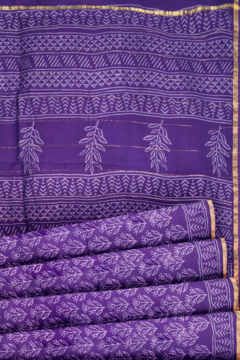 Violet Chanderi Leaf Hand Block Print Saree