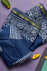 Check Color Grey Chanderi Hand Block Print Saree-