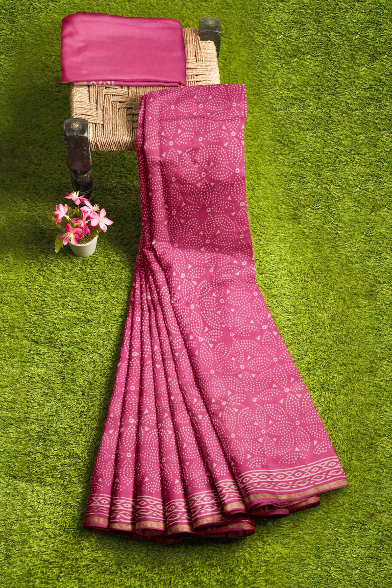 Pink Leaf Chanderi Hand Block Print Saree