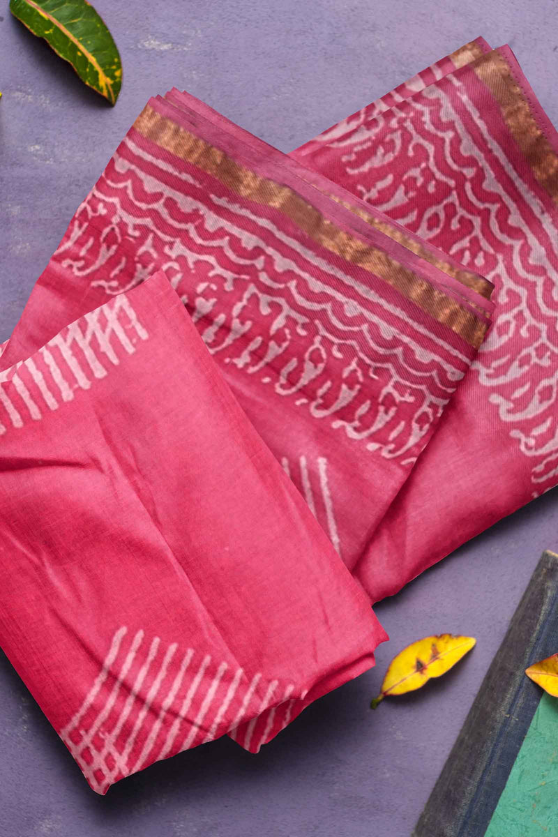 Pink Line Block Chanderi Hand Block Print Saree