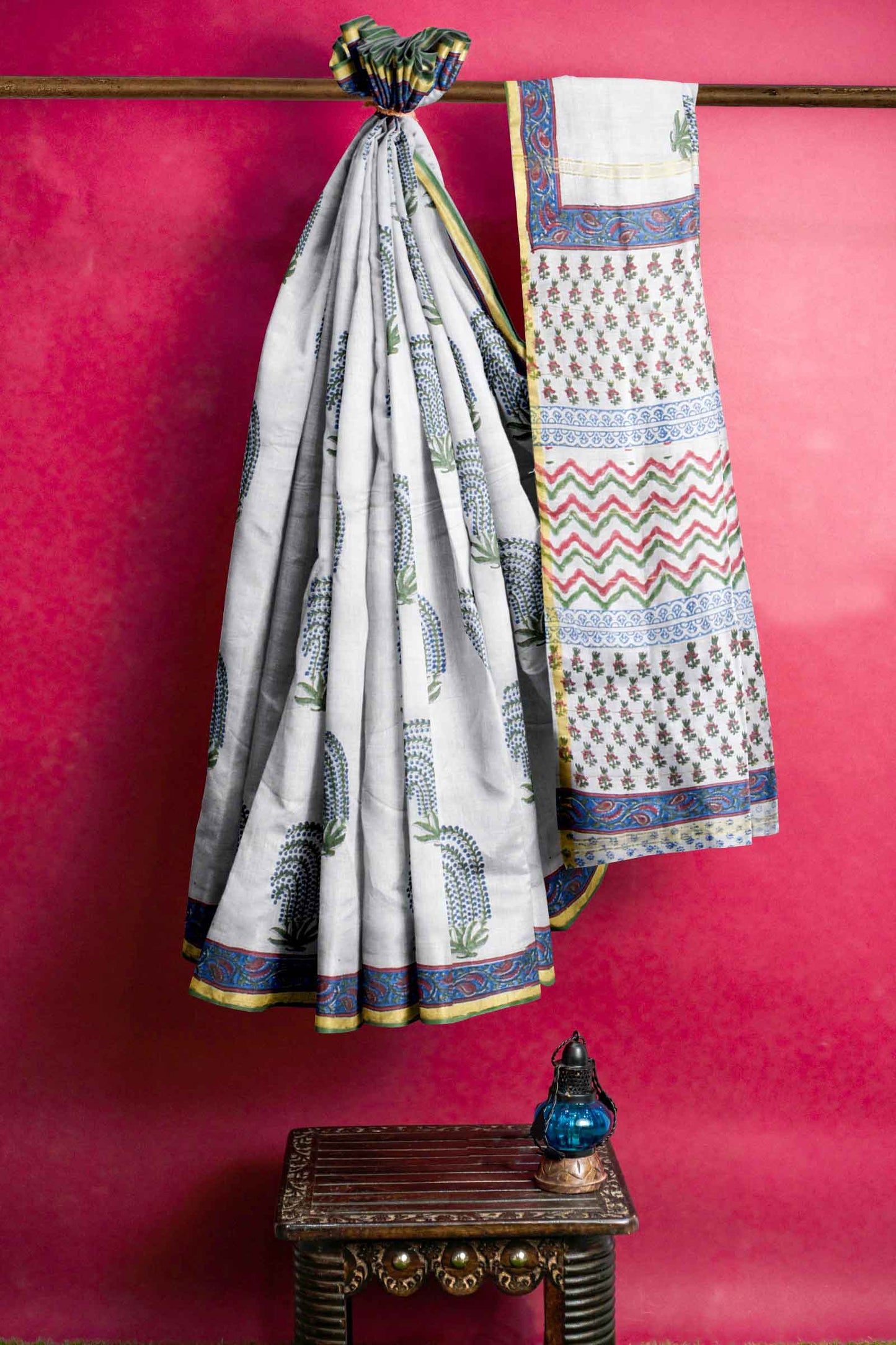 White Chanderi Hand Block Print Saree