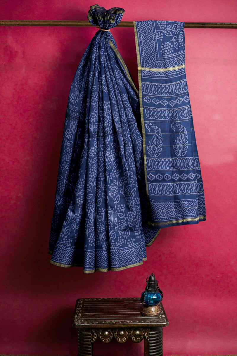 Blue Leaf Chanderi Hand Block Print Saree