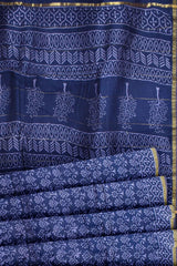 Blue Flower Chanderi Hand Block Print Saree