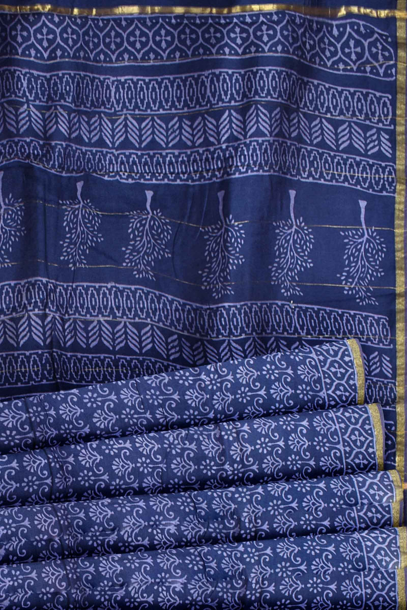 Blue Flower Chanderi Hand Block Print Saree