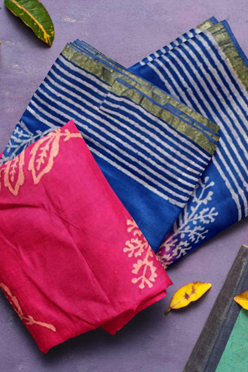Pink Blue Chanderi Hand Block Print Saree