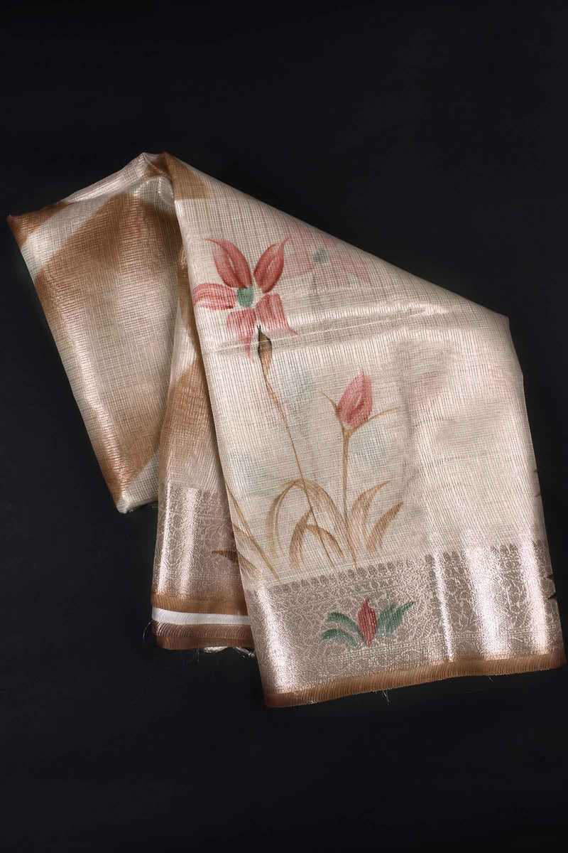 Silver Tissue Brush Print Floral Saree