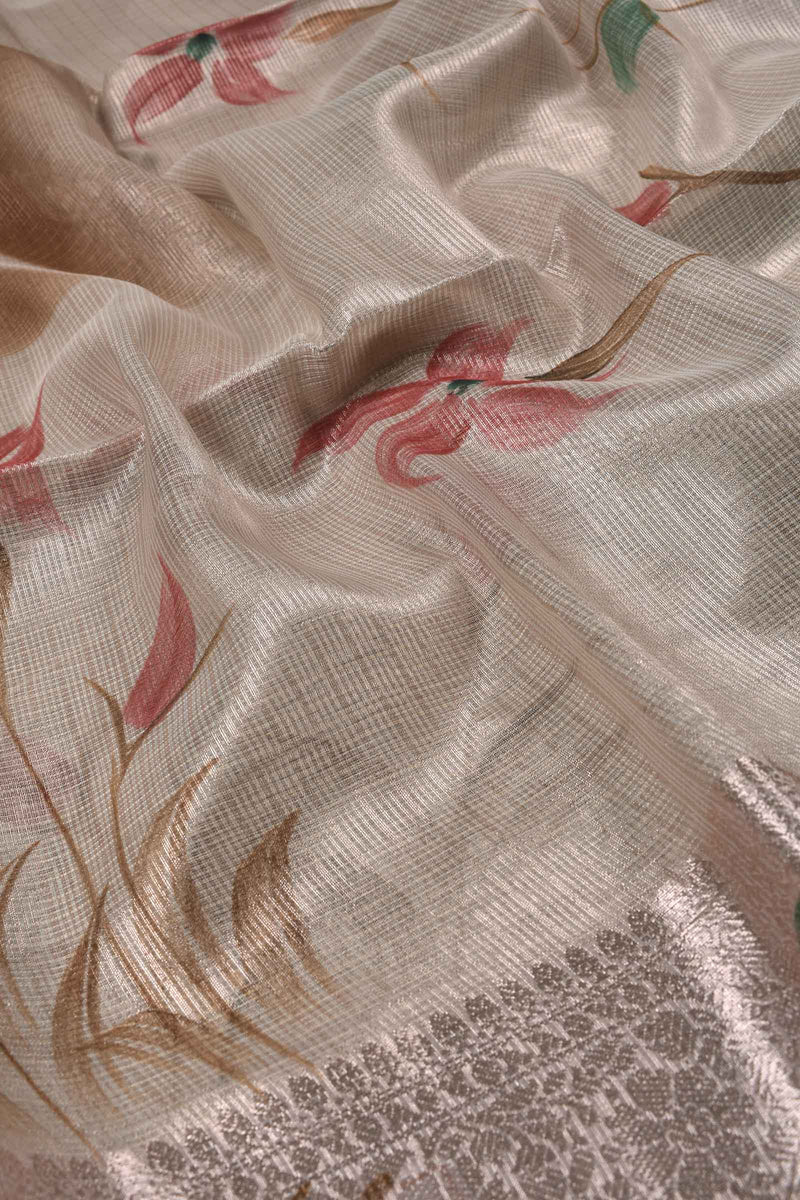 Silver Tissue Brush Print Floral Saree