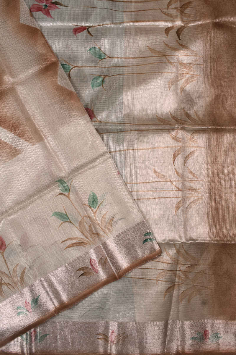 Silver Tissue Brush Print Floral Saree