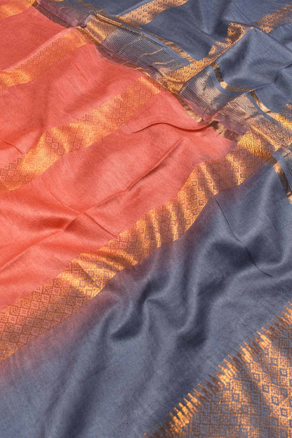 Dark Peach Cotton Silk Zari Line Saree