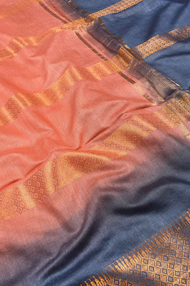 Peach Cotton Silk Zari Lines Saree