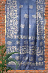 Blue White Block Cotton Banswara Batik Print Saree