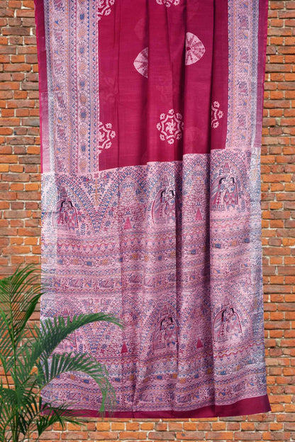 Dark Pink Cotton Silk Madhubani Saree