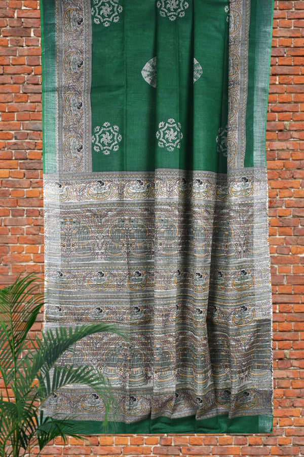 Green Cotton Silk Madhubani Batik Saree