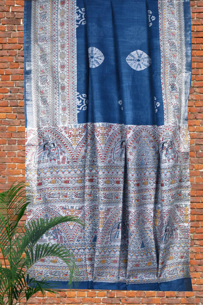 Blue Cotton Silk Madhubani Border Saree