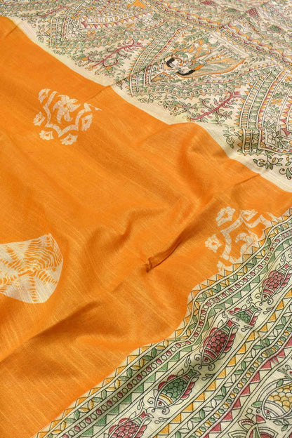 Yellow Cotton Silk Madhubani Saree