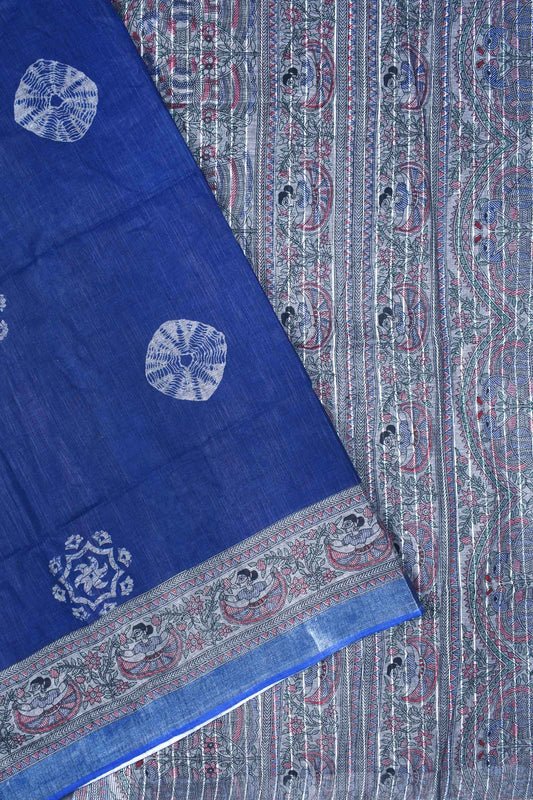 Dark Blue Cotton Silk Madhubani Saree