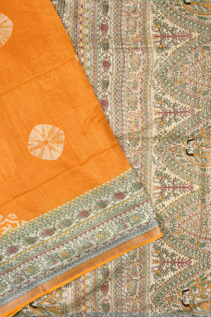 Yellow Cotton Silk Madhubani Saree