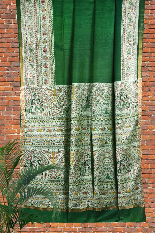 Green Cotton Silk Madhubani Saree
