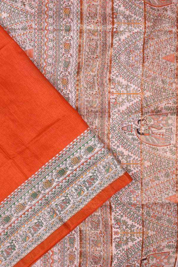 Orange Cotton Silk Madhubani Saree