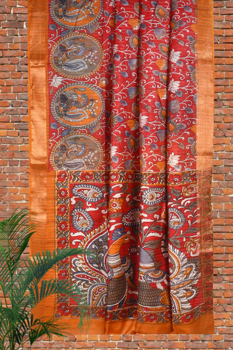 Red Cotton Silk Kalamkari Saree