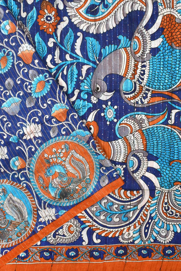 Blue Orange Cotton Silk Kalamkari Saree