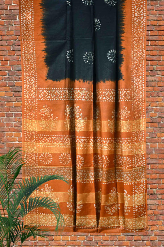 Black Orange Cotton Silk Batik Saree