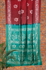 Brown Blue Cotton Silk Batik Saree