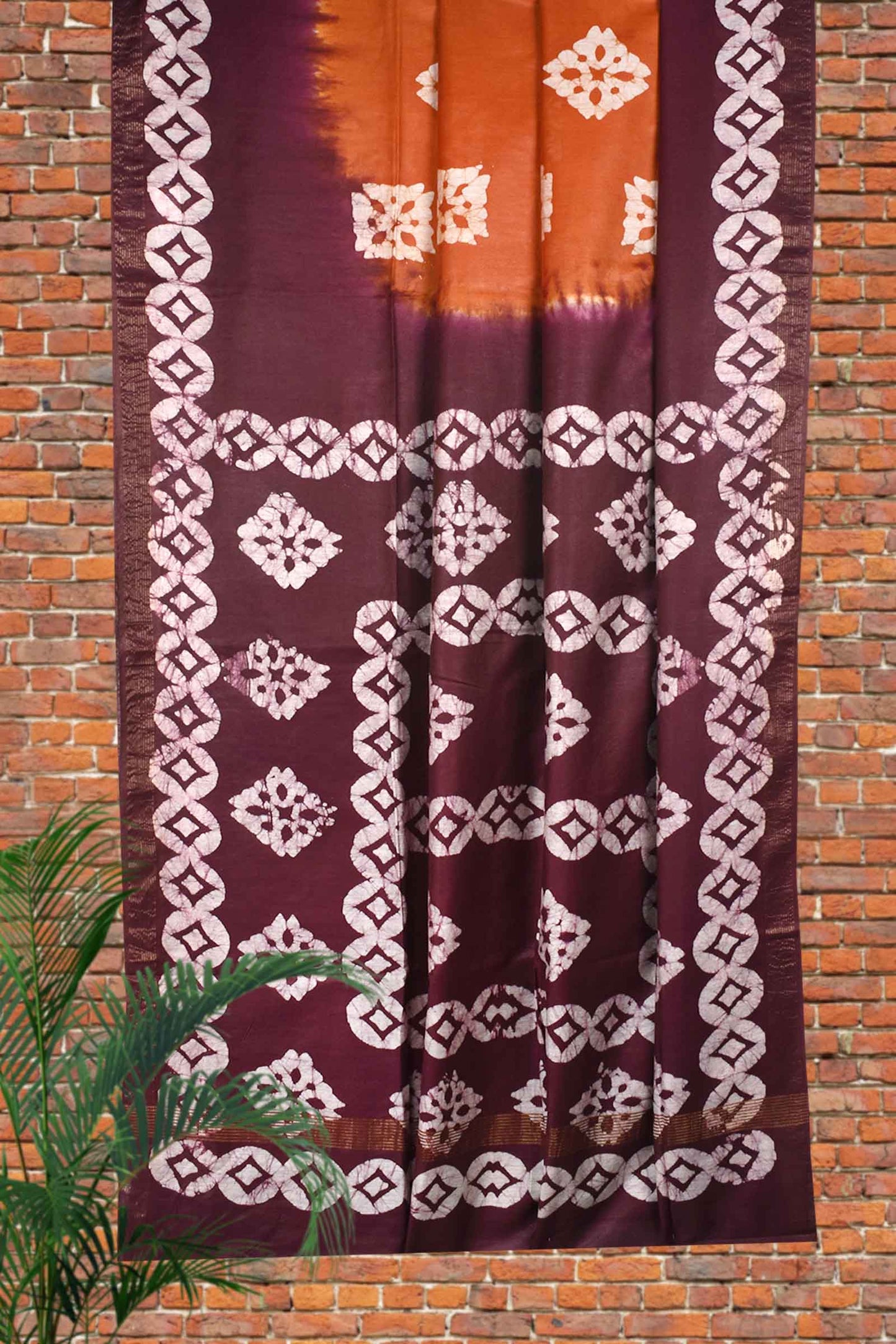 Dark Orange Purple Cotton Silk Batik Saree