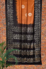 Dark Orange Black Cotton Silk Batik Saree