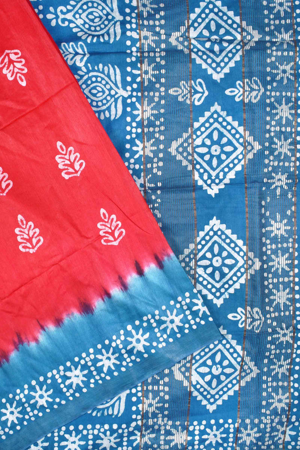 Red Blue Cotton Silk Batik Saree