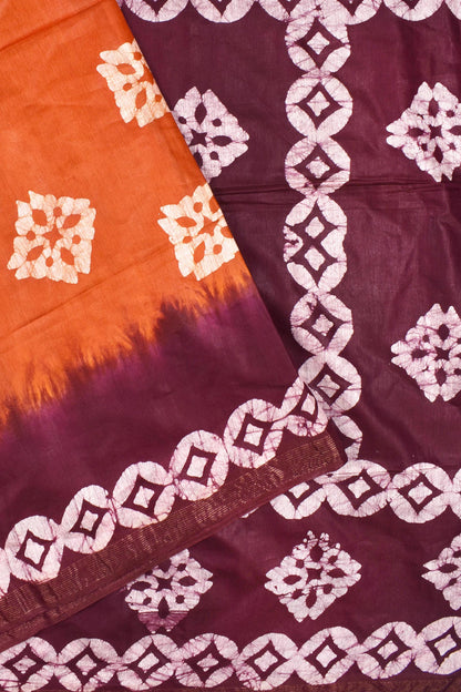 Dark Orange Purple Cotton Silk Batik Saree