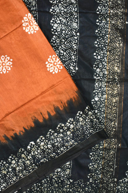 Dark Orange Black Cotton Silk Batik Saree