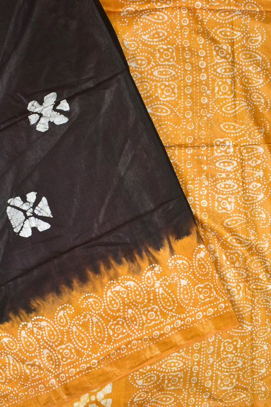 Brown Mustard Cotton Silk Batik Saree