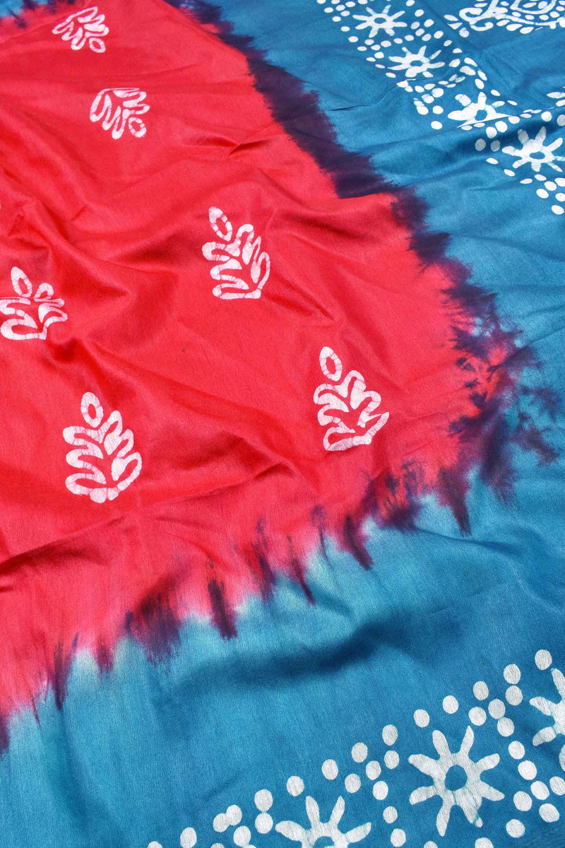 Red Blue Cotton Silk Batik Saree