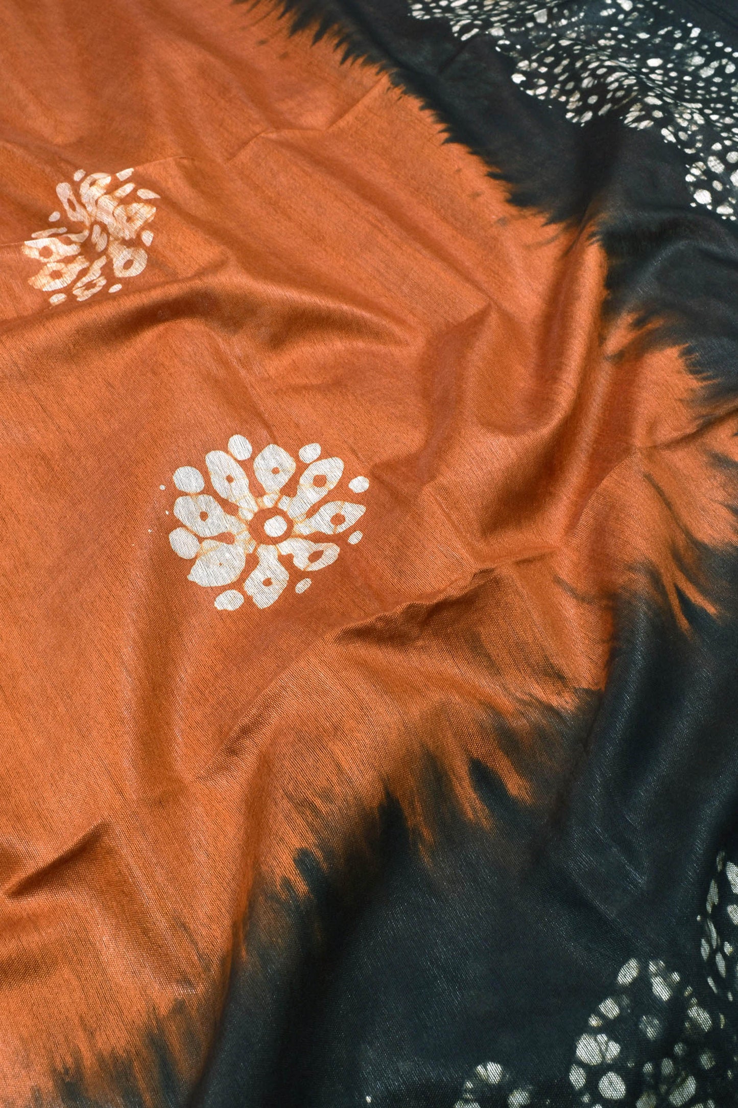 Dark Orange Black Cotton Silk Batik Saree