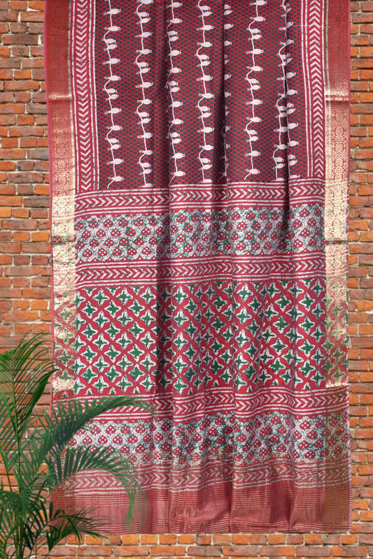 Brown Cotton Silk Print Saree