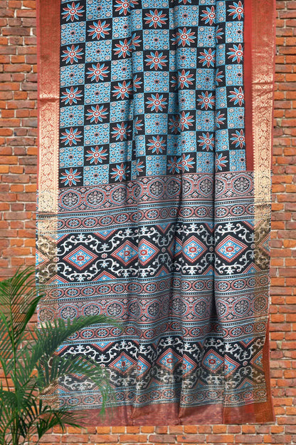 Blue Cotton Silk Print Saree